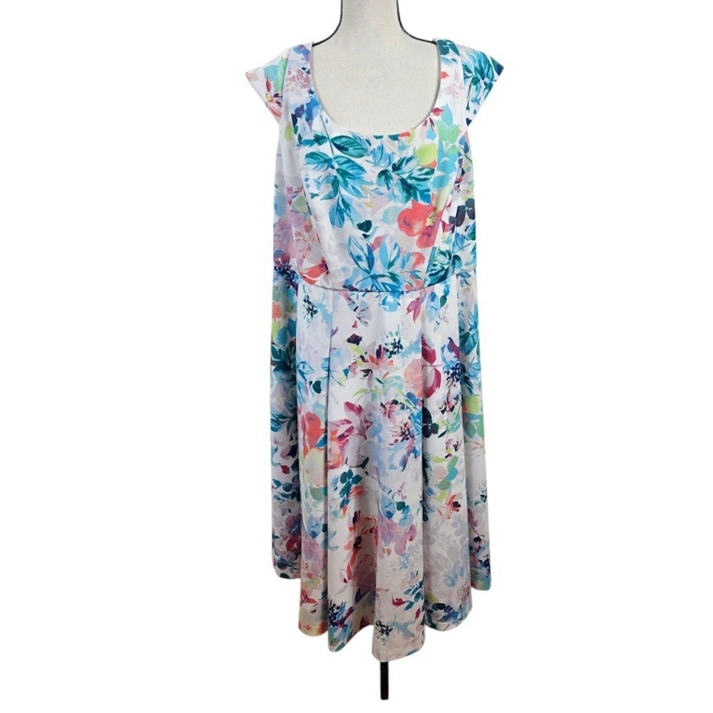 Calvin Klein Midi Dress Womens 16W White Floral Fit Flare Cap Sleeve‎ Summer